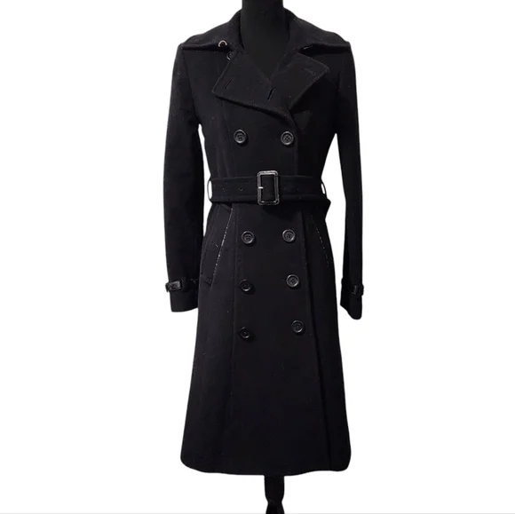 London Fog Heritage Black Wool Blend Trench Coat with Leather Accents - Picture 1 of 16